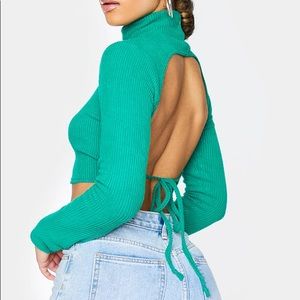 PLT Brushed Rib High Neck Backless Tie Crop Top